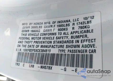 2012 Honda Civic Lx from USA, damaged, VIN 19XFB2F5XCE384819